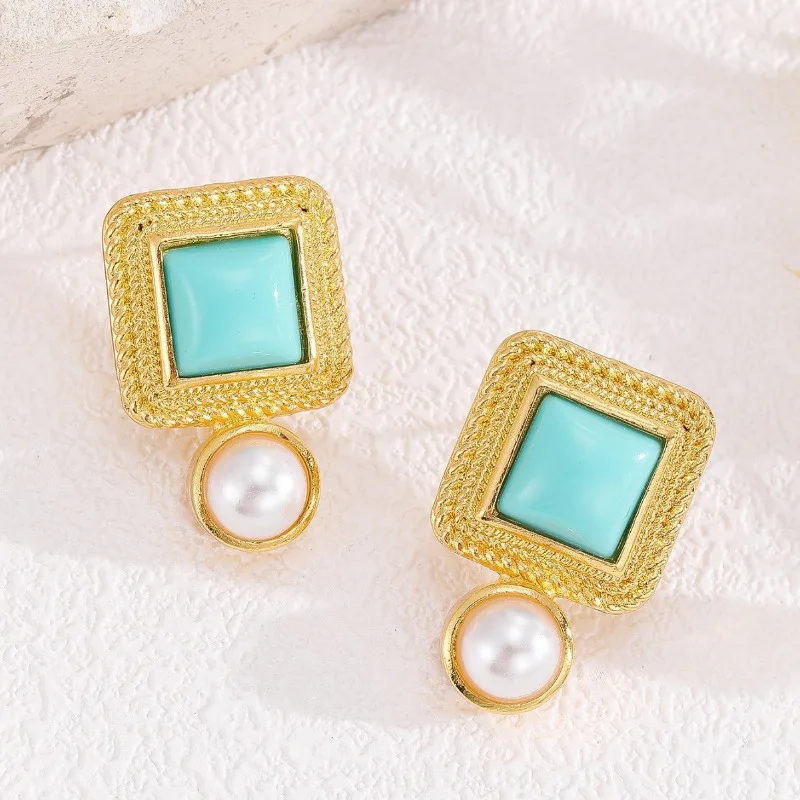 Vintage Square Drop Earrings with Green Stones 3 Vintage Square Drop Earrings with Green Stones - Image 3