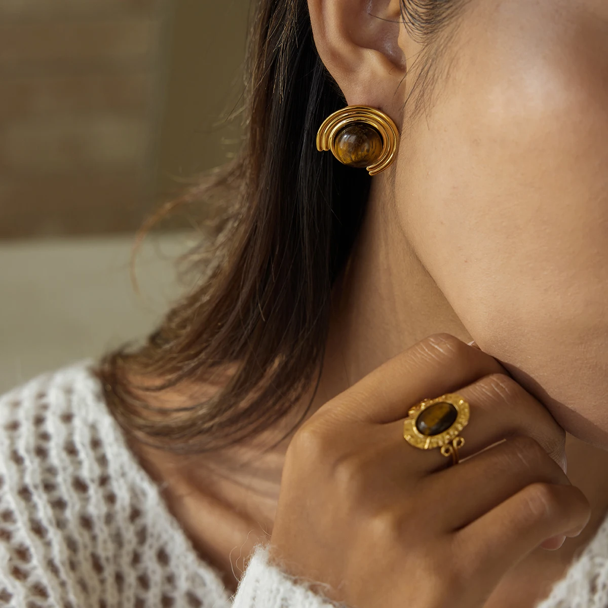 Vintage Stainless Steel Tiger Eye Ring for Women 3 Vintage Stainless Steel Tiger Eye Ring for Women - Image 3