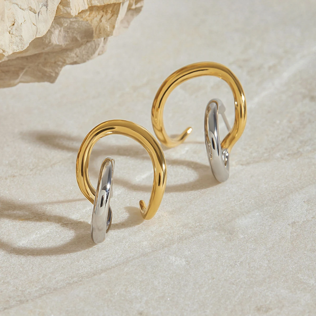 Two-Tone Stainless Steel Hoop Earrings 2 Two-Tone Stainless Steel Hoop Earrings - Image 2