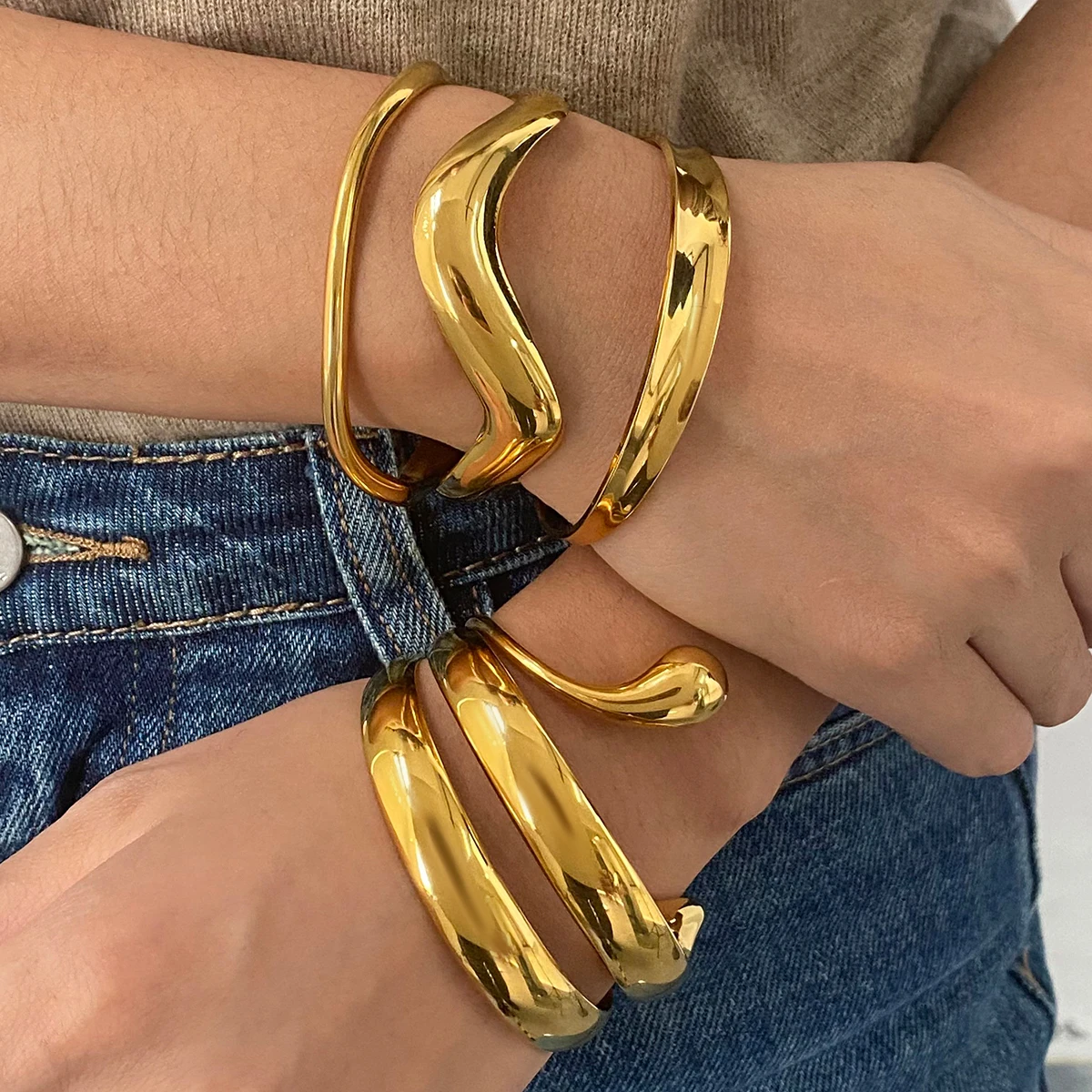 Stainless Steel Gold-Toned Wave Cuff Bracelet 2 Stainless Steel Gold-Toned Wave Cuff Bracelet - Image 2