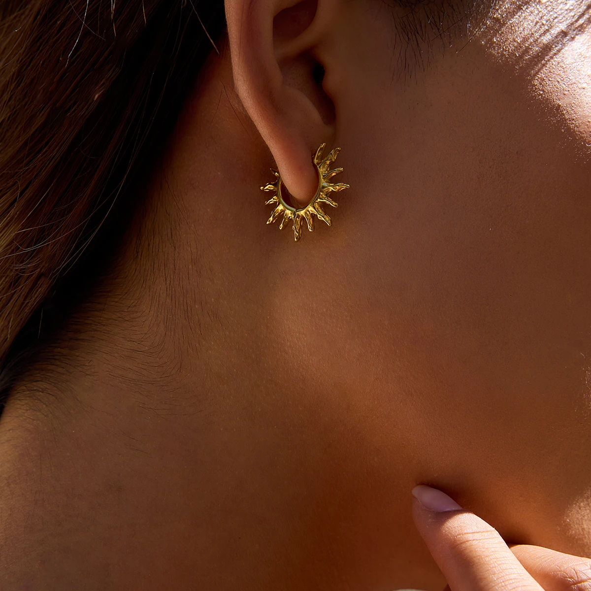 Stainless Steel Sun Pattern Hoop Earrings 2 Stainless Steel Sun Pattern Hoop Earrings - Image 2