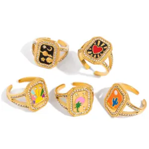 Vintage Stainless Steel Gold Rings Set with Colorful Motifs