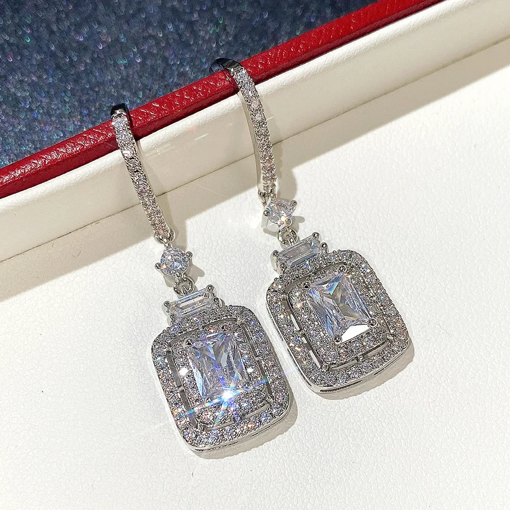 Silver Dangle Earrings with Cushion CZ Stone 2 Silver Dangle Earrings with Cushion CZ Stone - Image 2