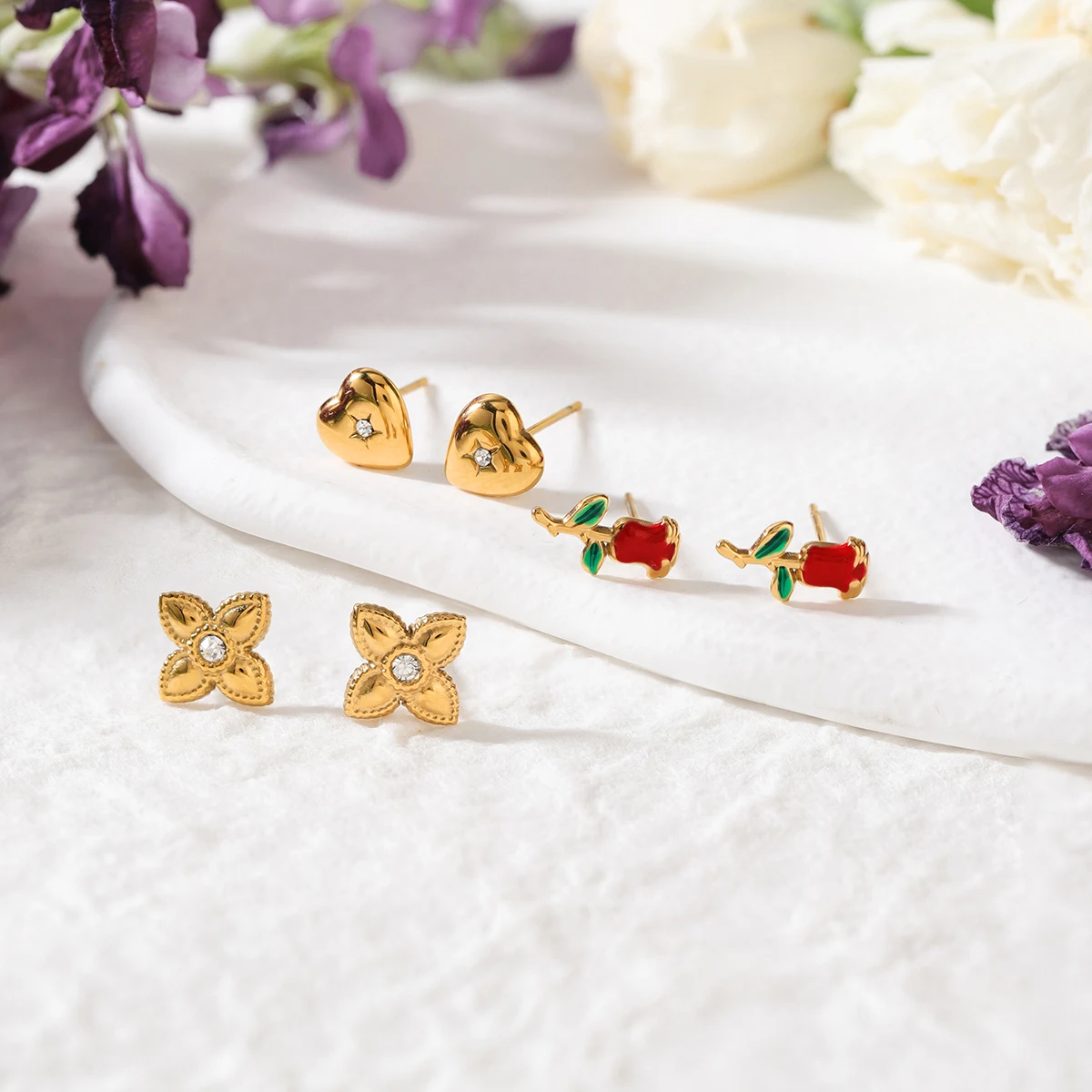 Romantic Stainless Steel Heart & Flower Earrings Set 5 Romantic Stainless Steel Heart & Flower Earrings Set - Image 5