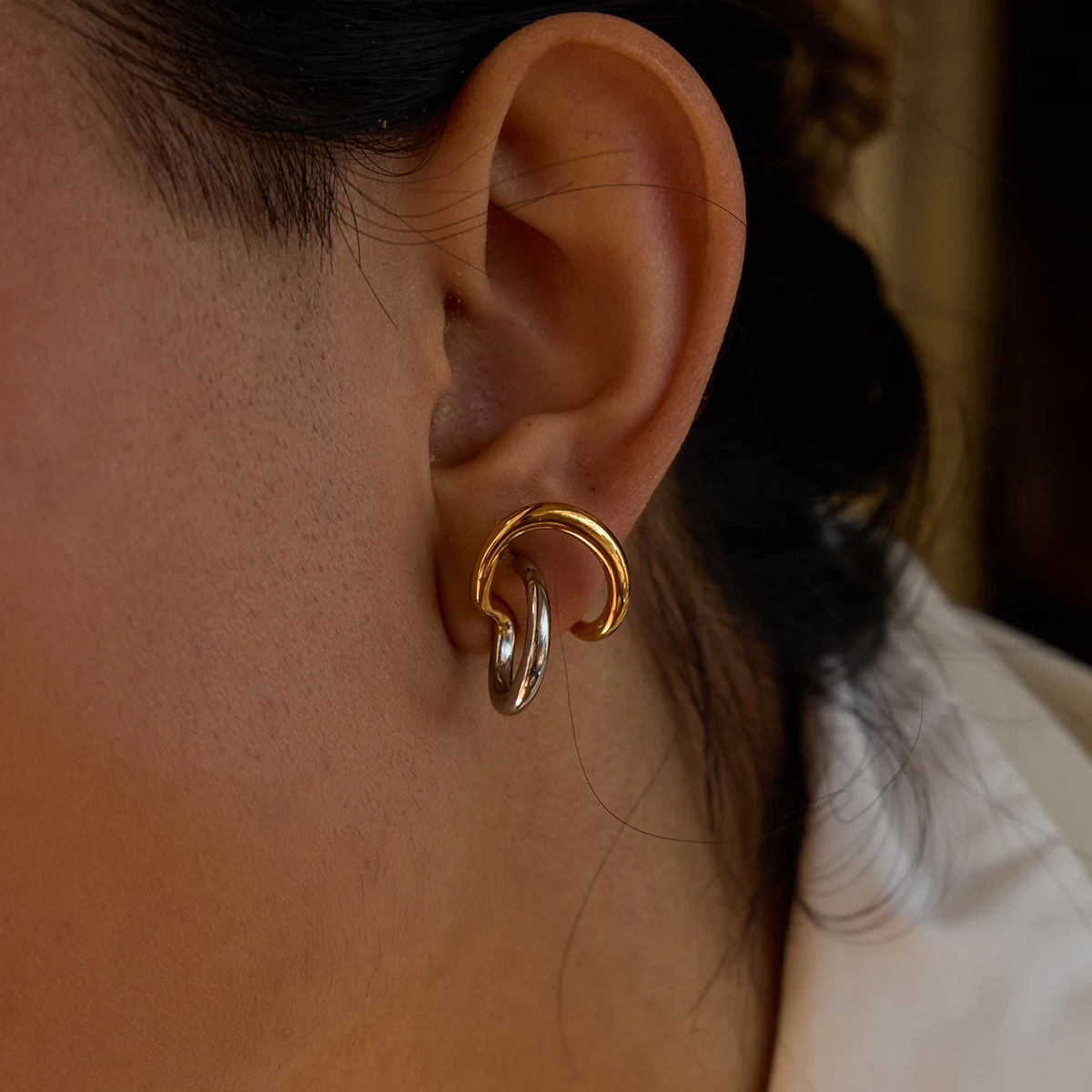 Two-Tone Stainless Steel Hoop Earrings 5 Two-Tone Stainless Steel Hoop Earrings - Image 5