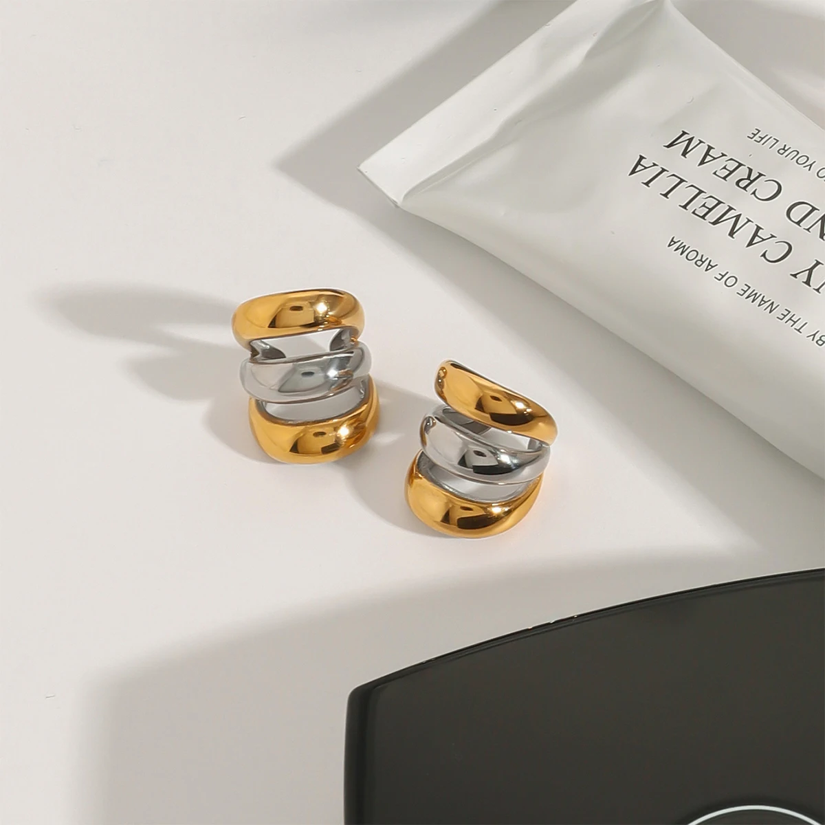 Modern Dual Tone Stainless Steel Clip Earrings 4 Modern Dual Tone Stainless Steel Clip Earrings - Image 4