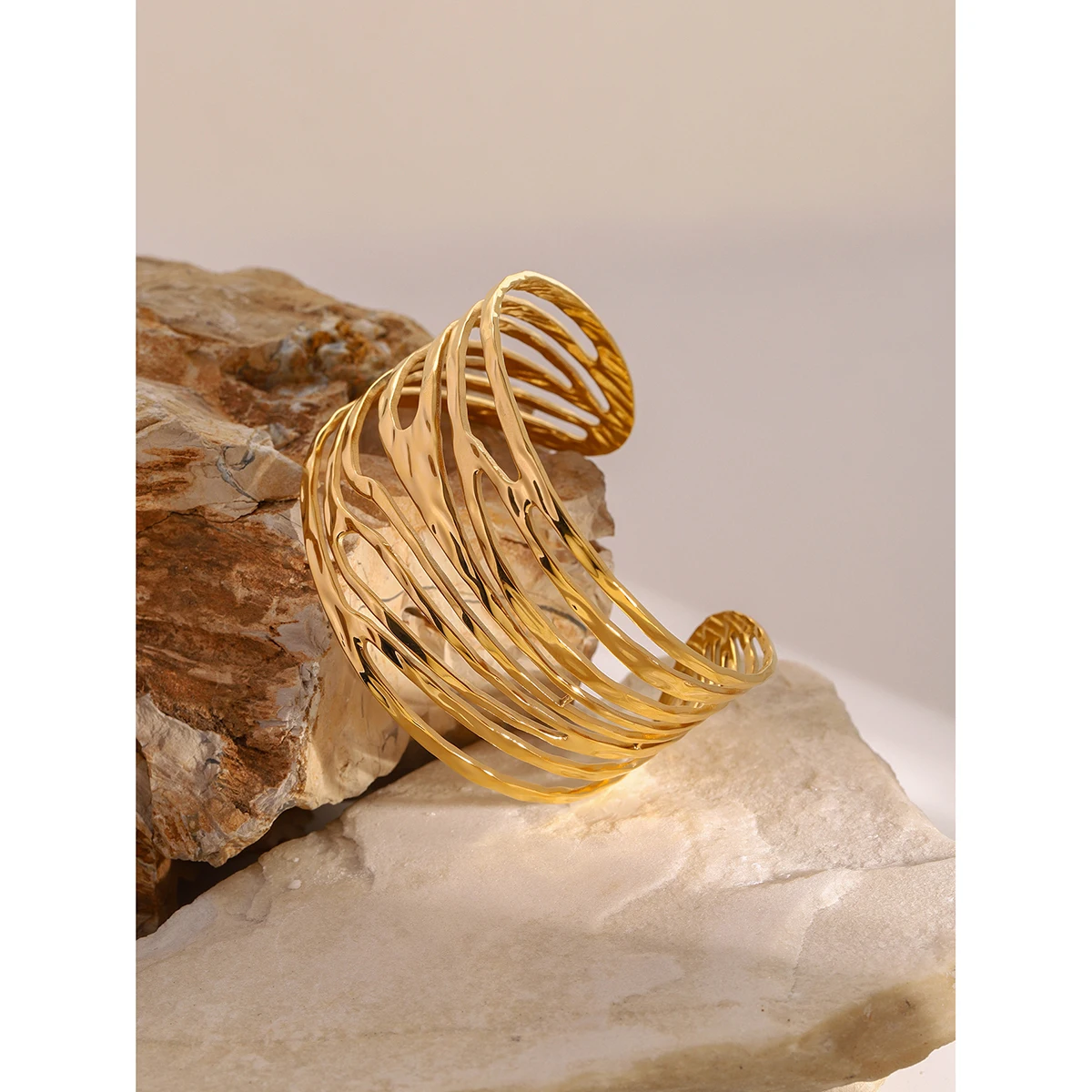 Gold Stainless Steel Wide Hollow Cuff Bracelet 5 Gold Stainless Steel Wide Hollow Cuff Bracelet - Image 5