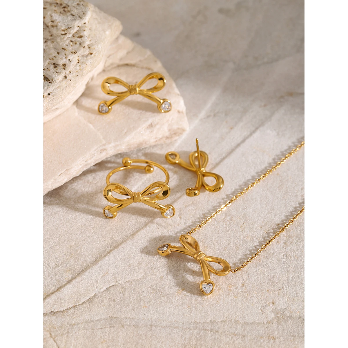 Stainless Steel Gold-Tone Bowknot Jewelry Set 3 Stainless Steel Gold-Tone Bowknot Jewelry Set - Image 3
