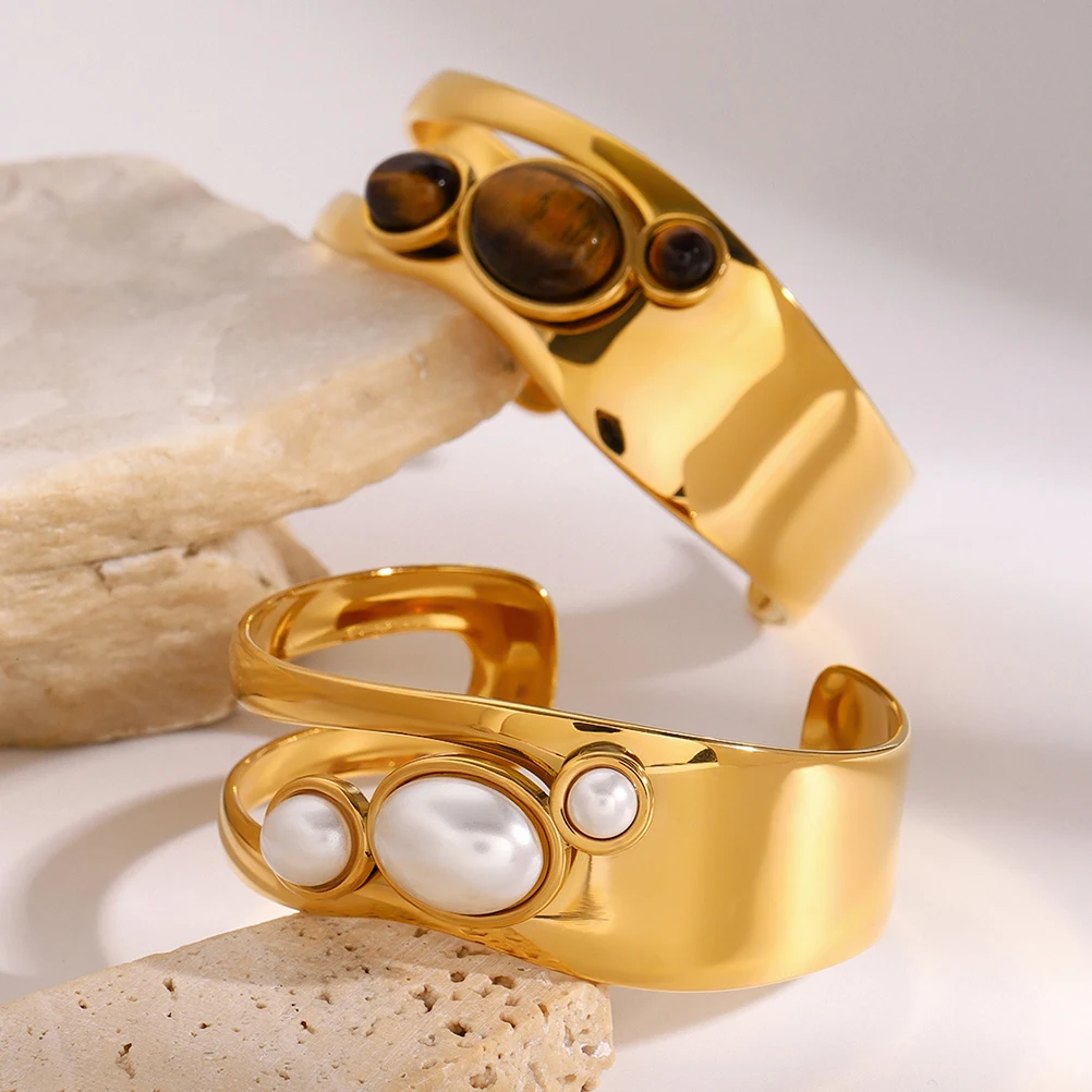 Elegant Stainless Steel Pearl & Tiger Eye Bracelet 3 Elegant Stainless Steel Pearl & Tiger Eye Bracelet - Image 3