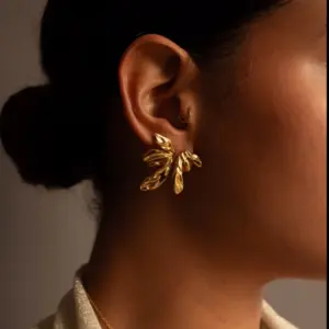 Stainless Steel Gold Leaf Earrings JDE0312006