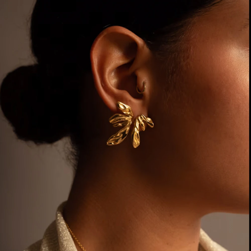 Stainless Steel Gold Leaf Earrings JDE0312006 1 Stainless Steel Gold Leaf Earrings JDE0312006