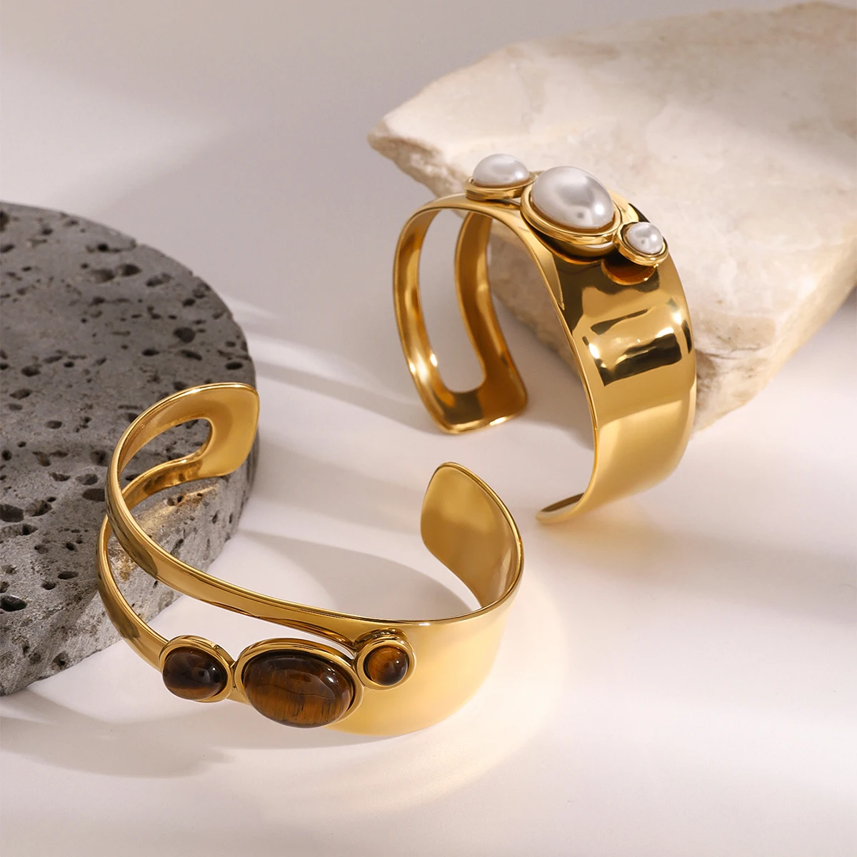 Elegant Stainless Steel Pearl & Tiger Eye Bracelet 6 Elegant Stainless Steel Pearl & Tiger Eye Bracelet - Image 6