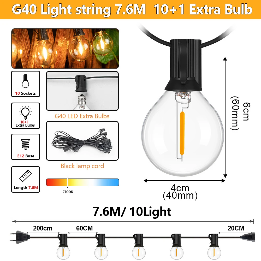 Outdoor LED G40 String Lights with 2200K Warm Glow 7 Outdoor LED G40 String Lights with 2200K Warm Glow - Image 7