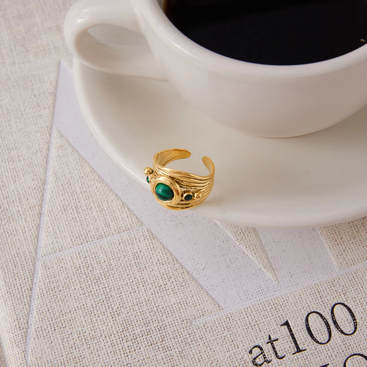 Vintage Gold Tone Stainless Steel Ring with Dark Green Gem 5 Vintage Gold Tone Stainless Steel Ring with Dark Green Gem - Image 5