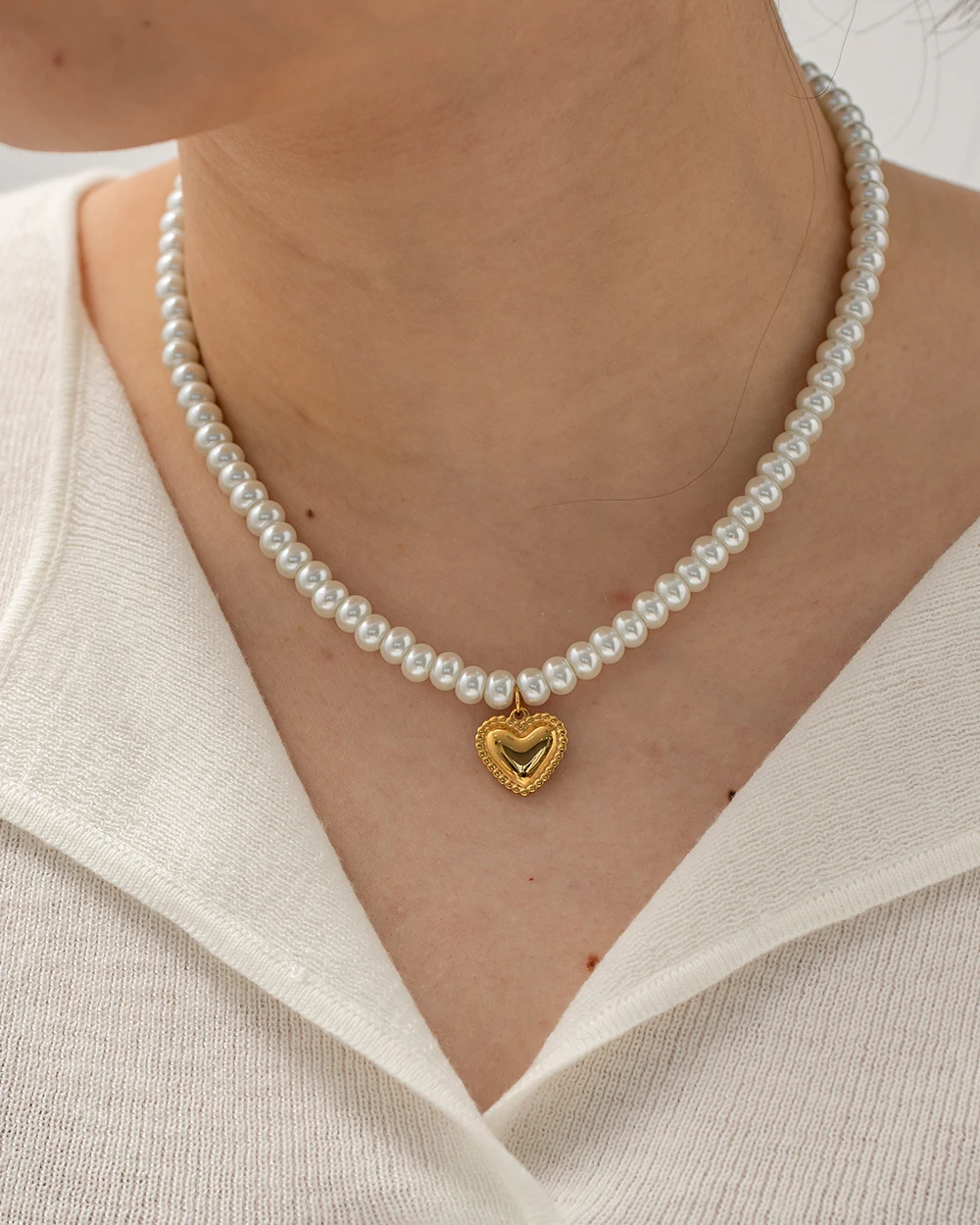 Stainless Steel Pearl Necklace with Gold Pendent 2 Stainless Steel Pearl Necklace with Gold Pendent - Image 2