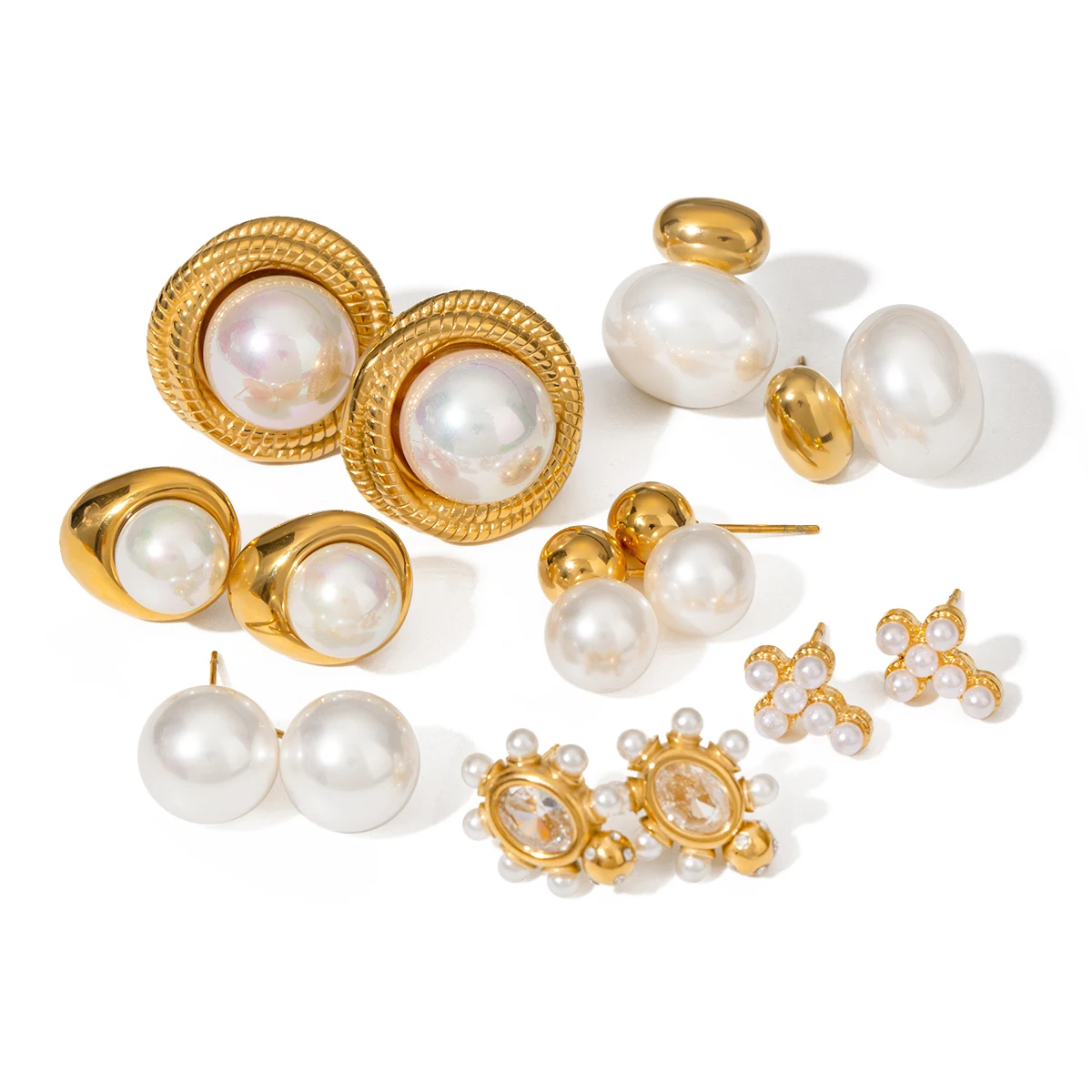 Stainless Steel Pearl and Gold Earrings Set 3 Stainless Steel Pearl and Gold Earrings Set - Image 3