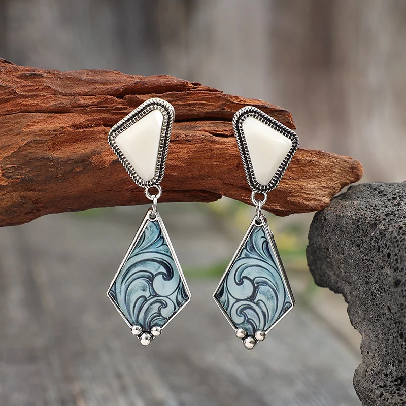 Vintage Geometric Drop Earrings with Blue Stones 2 Vintage Geometric Drop Earrings with Blue Stones - Image 2