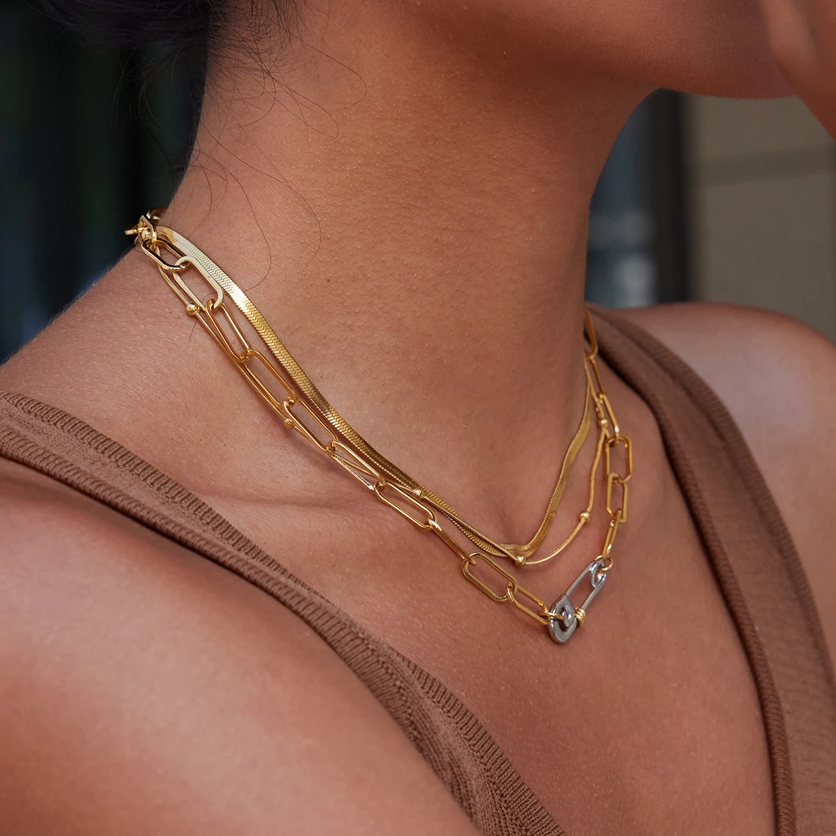 Stainless Steel Gold Layered Chain Necklace 2 Stainless Steel Gold Layered Chain Necklace - Image 2