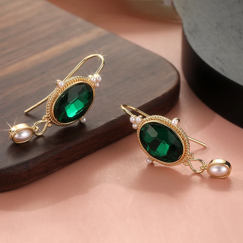 Gold-Toned Drop Earrings with Green Stone 3 Gold-Toned Drop Earrings with Green Stone - Image 3