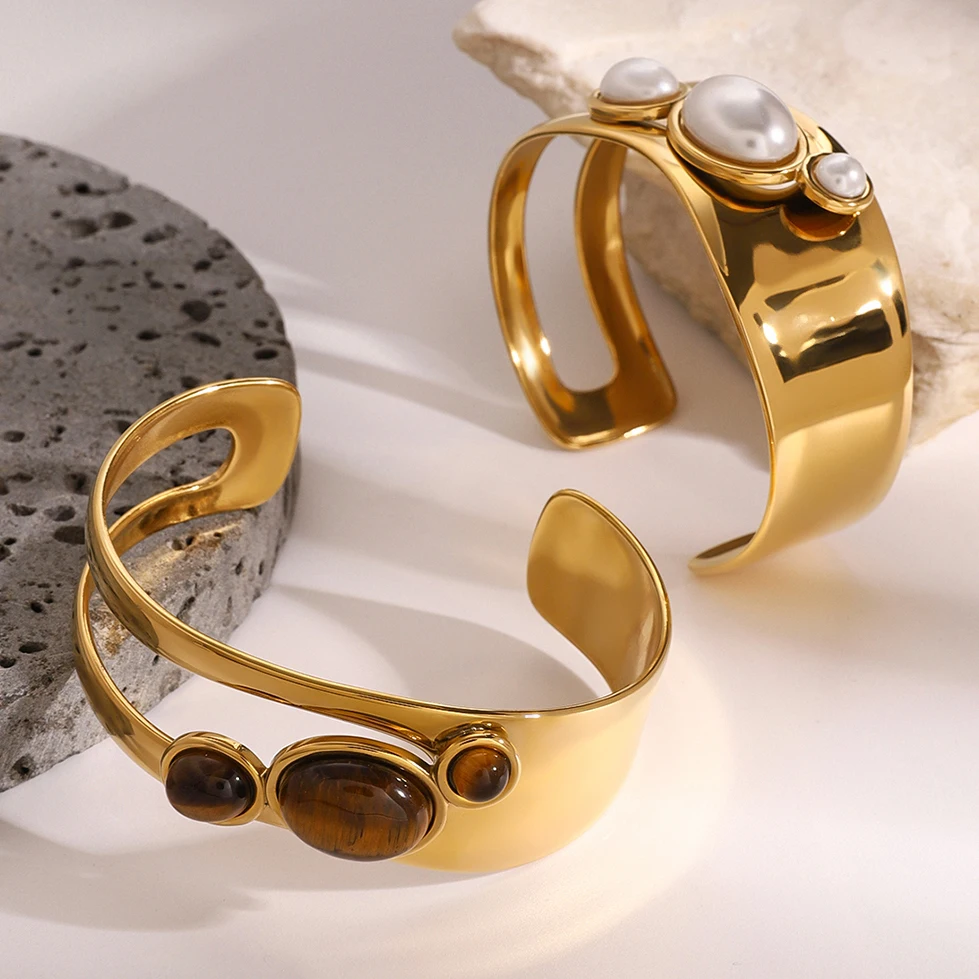 Elegant Stainless Steel Pearl & Tiger Eye Bracelet 2 Elegant Stainless Steel Pearl & Tiger Eye Bracelet - Image 2