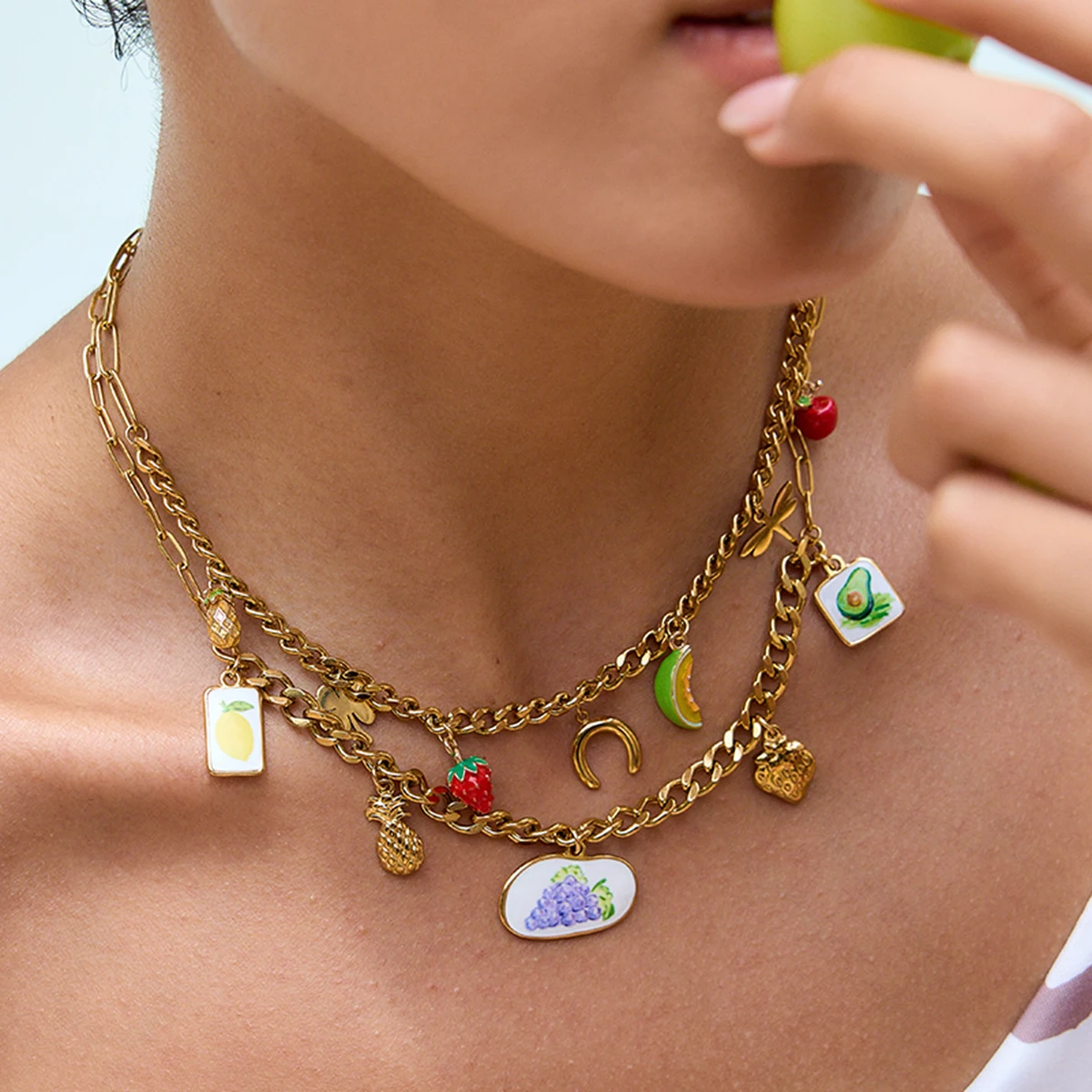 Gold Stainless Steel Layered Necklace with Charms 2 Gold Stainless Steel Layered Necklace with Charms - Image 2