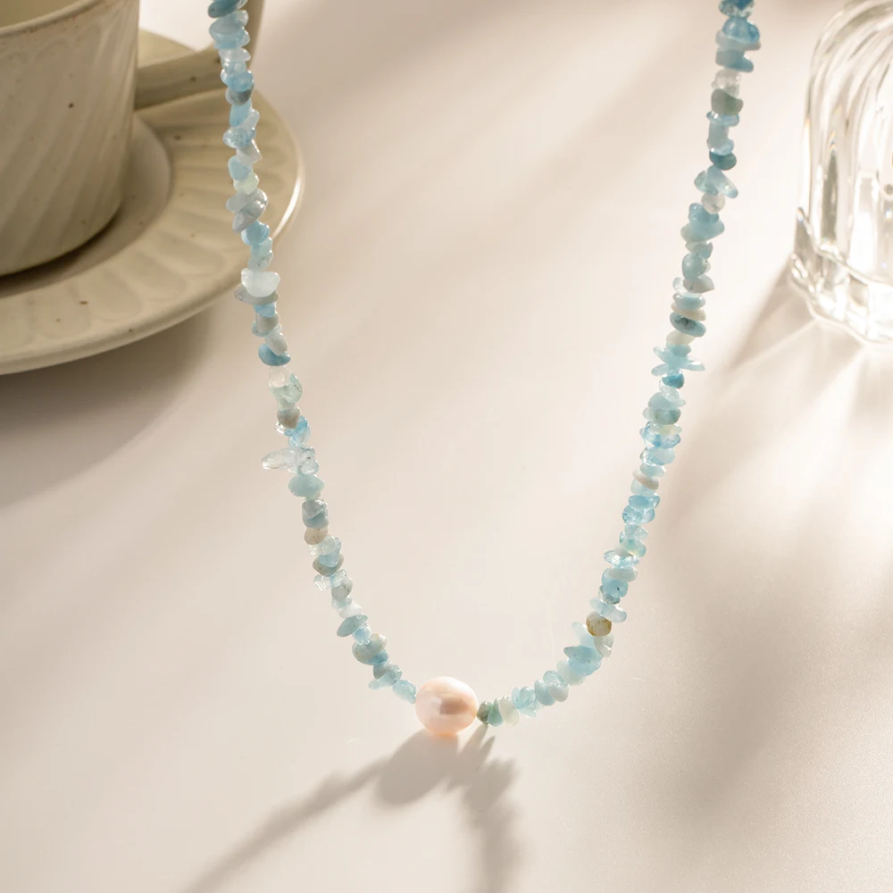 Ocean Blue Stone Pearl Necklace for Women 4 Ocean Blue Stone Pearl Necklace for Women - Image 4