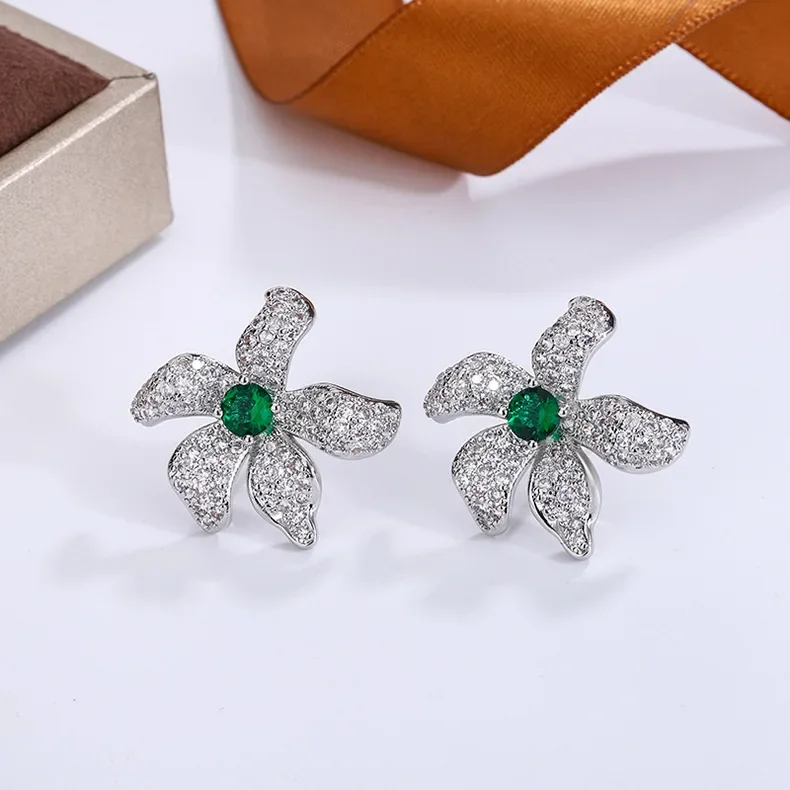 Elegant Silver Flower Stud Earrings with Emerald 5 Elegant Silver Flower Stud Earrings with Emerald - Image 5