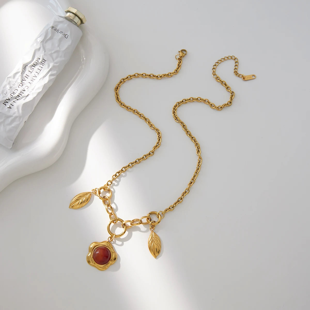 Vintage Gold Stainless Steel Necklace with Red Agate 4 Vintage Gold Stainless Steel Necklace with Red Agate - Image 4