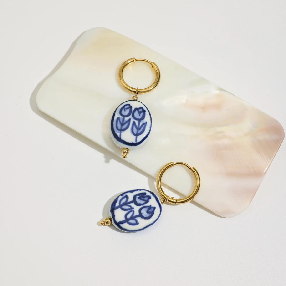 Stainless Steel Floral Dangle Hoop Earrings 5 Stainless Steel Floral Dangle Hoop Earrings - Image 5