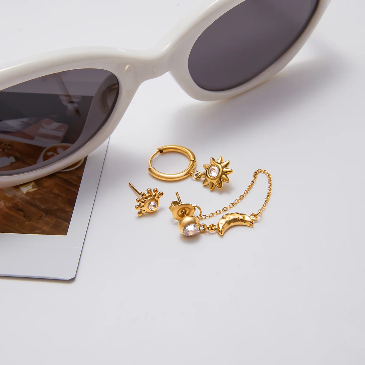 Gold Stainless Steel Earring Set with Zircon Stones 6 Gold Stainless Steel Earring Set with Zircon Stones - Image 6