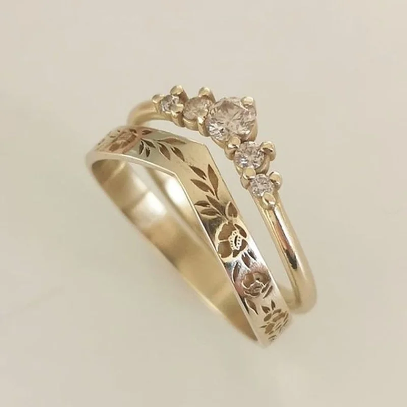 Vintage Gold Wedding Ring Set with Zircon Accents 3 Vintage Gold Wedding Ring Set with Zircon Accents - Image 3