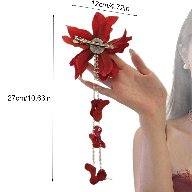 Red Flower Hairpin with Cascading Beads 8 Red Flower Hairpin with Cascading Beads - Image 8
