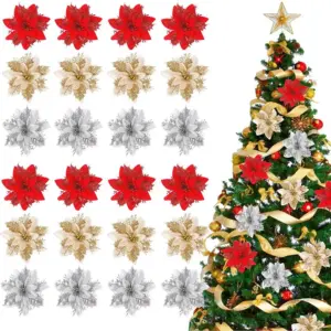 Artificial Glitter Poinsettia Flower Set for Holidays