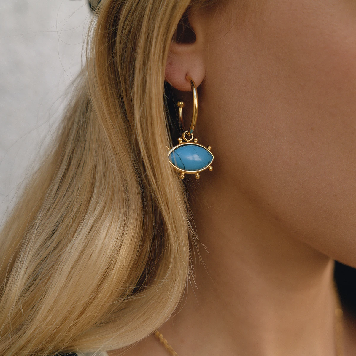 Gold and Blue Turquoise Devil's Eye Earrings 4 Gold and Blue Turquoise Devil's Eye Earrings - Image 4