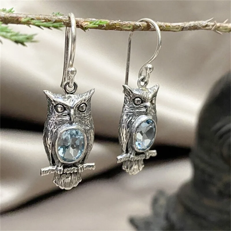 Vintage Owl Earrings with Sea Blue Stone 2 Vintage Owl Earrings with Sea Blue Stone - Image 2