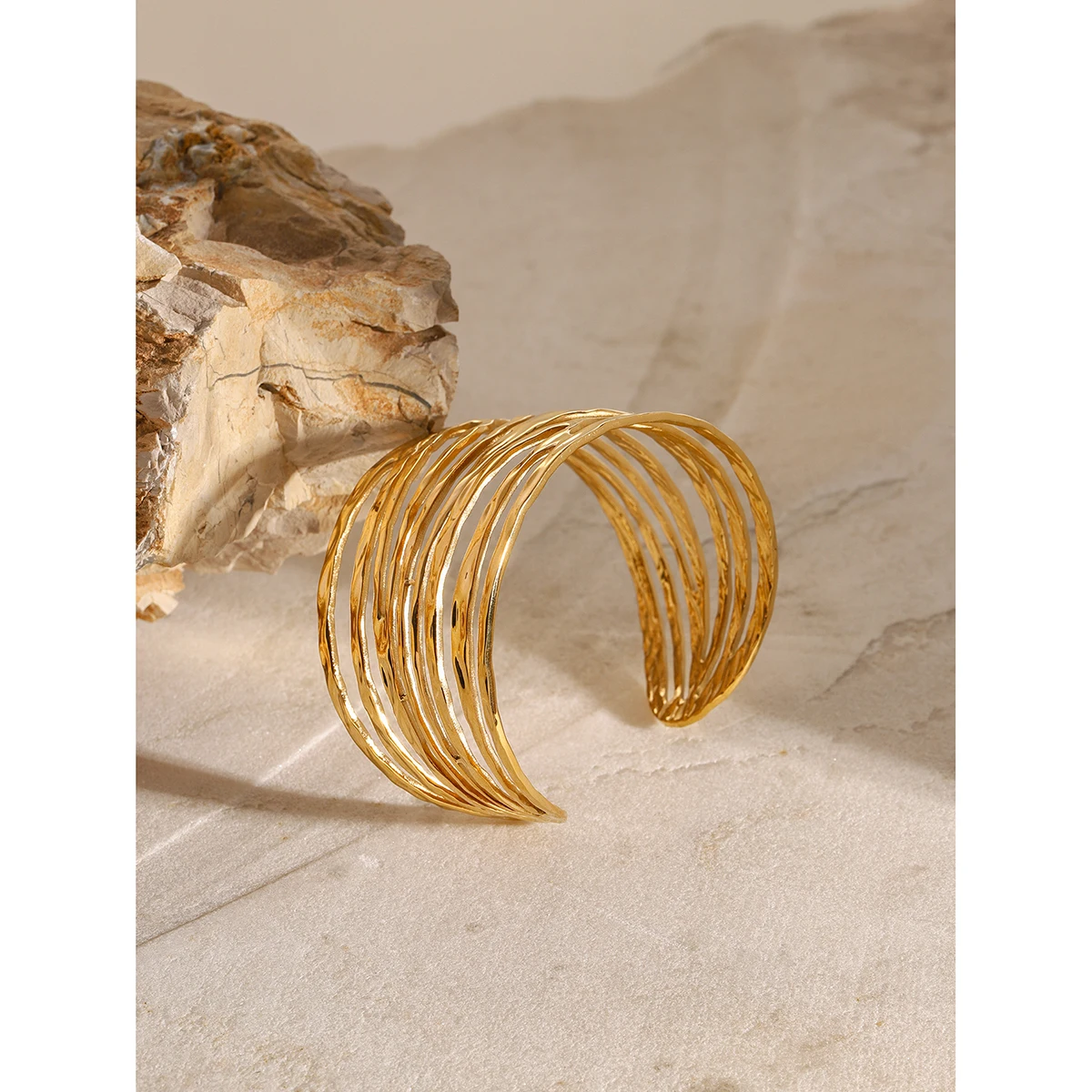 Gold Stainless Steel Wide Hollow Cuff Bracelet 2 Gold Stainless Steel Wide Hollow Cuff Bracelet - Image 2