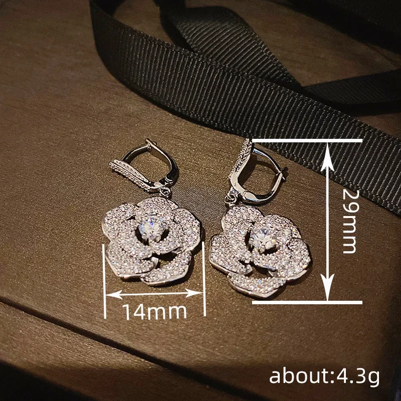 Elegant Silver Rose Drop Earrings with Zircon Stones 6 Elegant Silver Rose Drop Earrings with Zircon Stones - Image 6