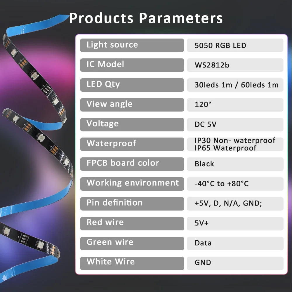 5M WS2812B RGB LED Strip Lights 30/60 LEDs 2 5M WS2812B RGB LED Strip Lights 30/60 LEDs - Image 2