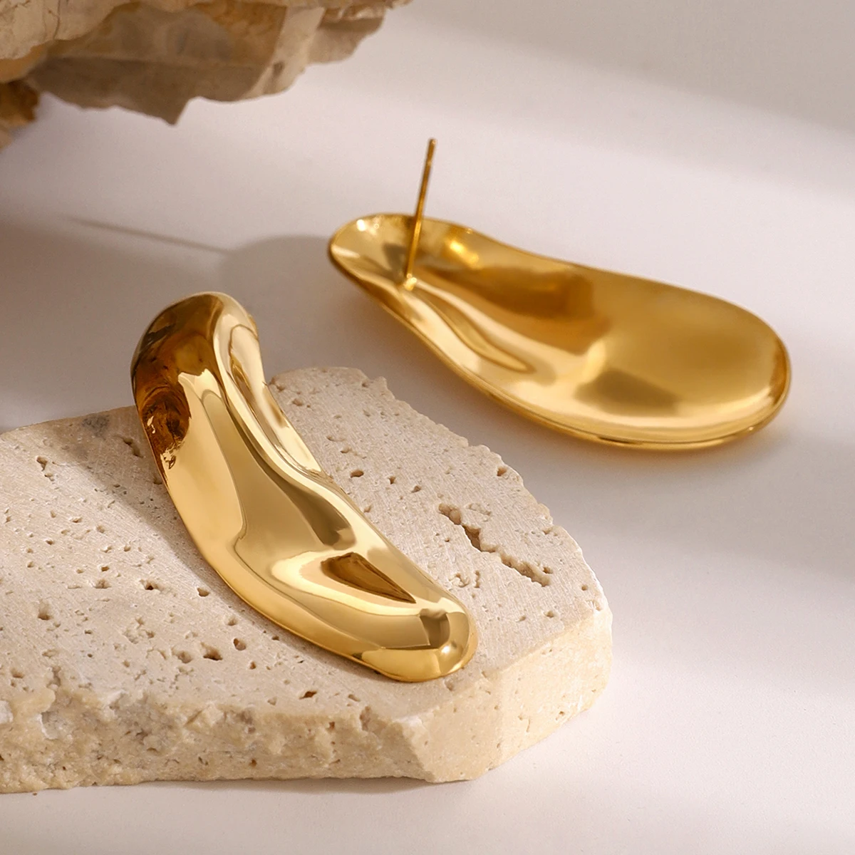 Gold-Tone Asymmetrical Stainless Steel Earrings 3 Gold-Tone Asymmetrical Stainless Steel Earrings - Image 3