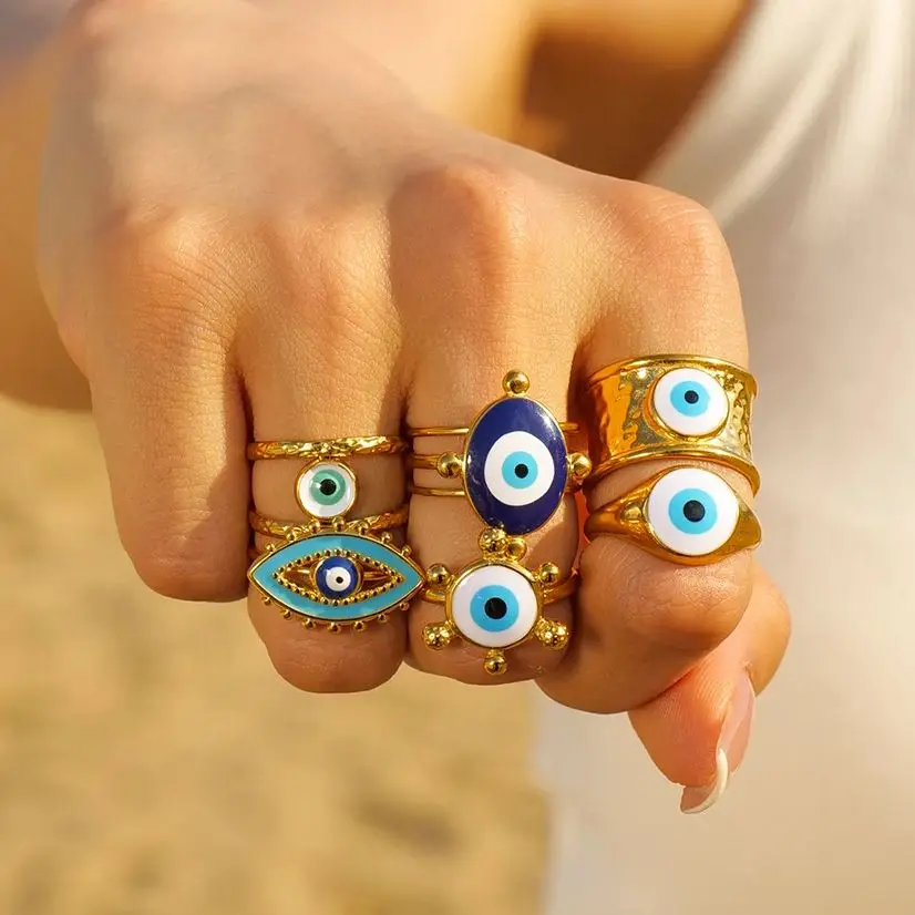 Stainless Steel Evil Eye Ring with Gold PVD 2 Stainless Steel Evil Eye Ring with Gold PVD - Image 2