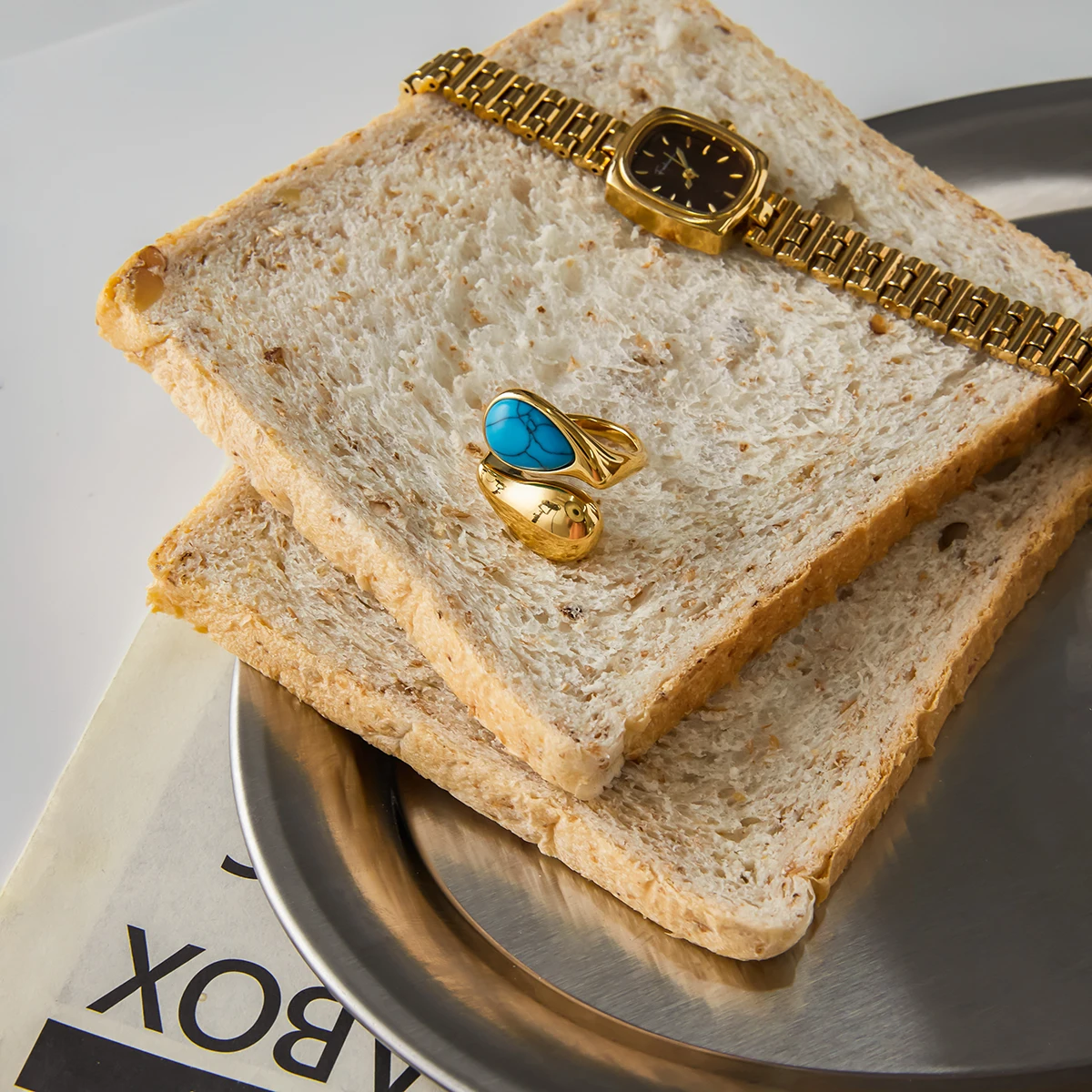 Vintage Stainless Steel Gold-Tone Turquoise Ring Set 6 Vintage Stainless Steel Gold-Tone Turquoise Ring Set - Image 6