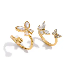 Elegant Stainless Steel Butterfly Ring with Pearls
