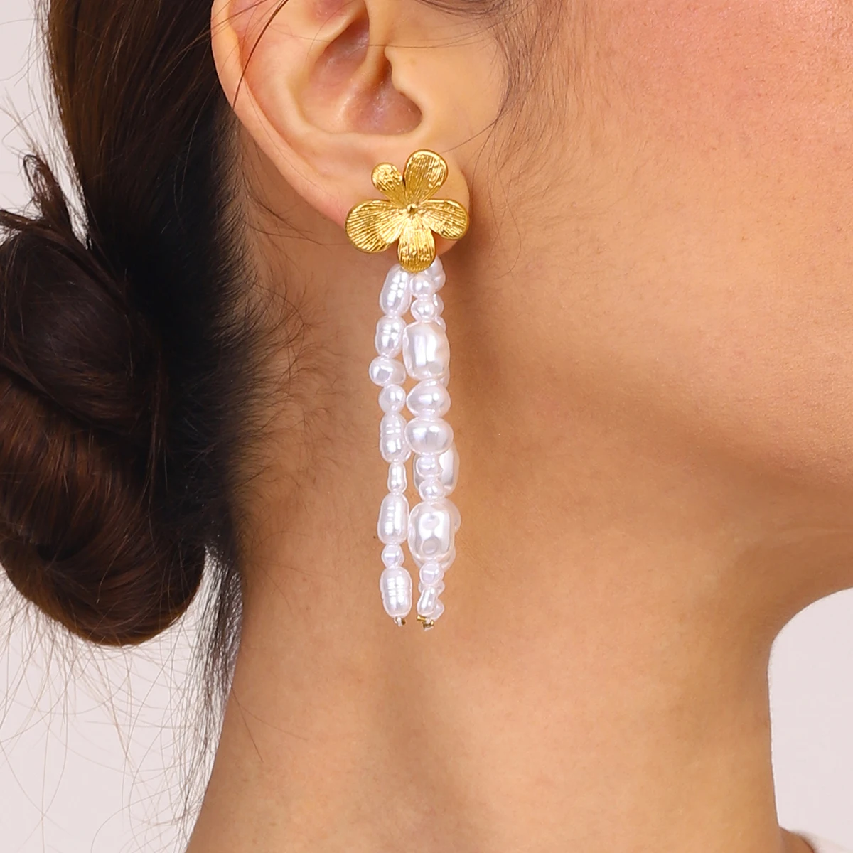 Gold Stainless Steel Floral Earrings with Pearls 3 Gold Stainless Steel Floral Earrings with Pearls - Image 3