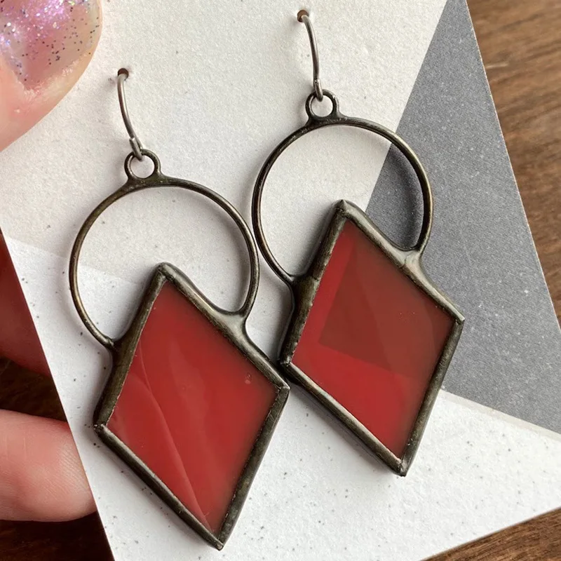 Vintage Rhombus Drop Earrings with Red Stone 3 Vintage Rhombus Drop Earrings with Red Stone - Image 3