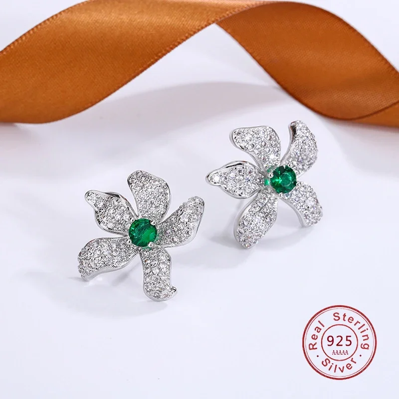 Elegant Silver Flower Stud Earrings with Emerald 2 Elegant Silver Flower Stud Earrings with Emerald - Image 2