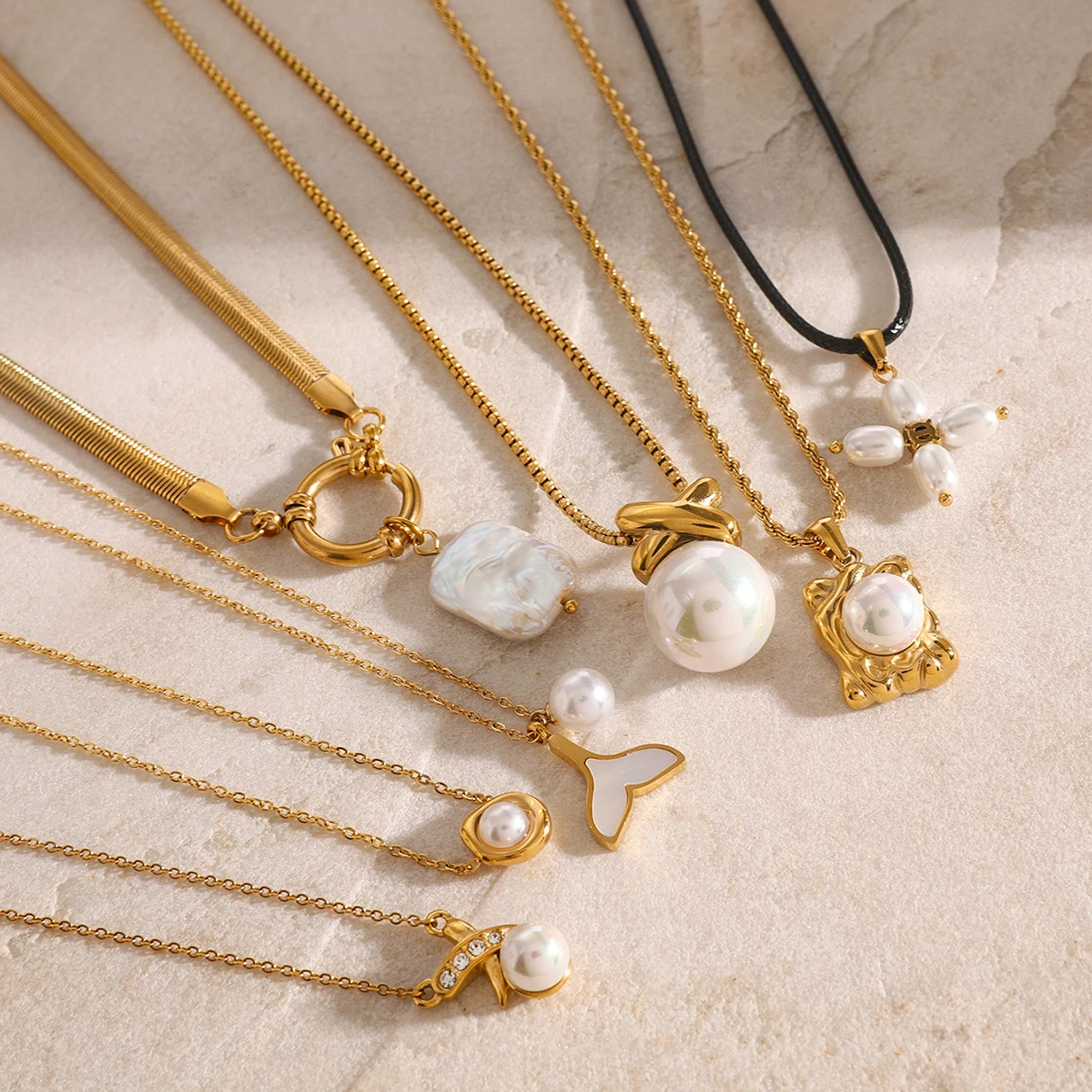 Elegant Stainless Steel Gold Pearl Necklace 5 Elegant Stainless Steel Gold Pearl Necklace - Image 5