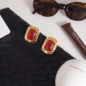 Vintage Stainless Steel Square Earrings with Red Cabochon 12 S701cbe466f4242ddb2e52c2b4576635cx