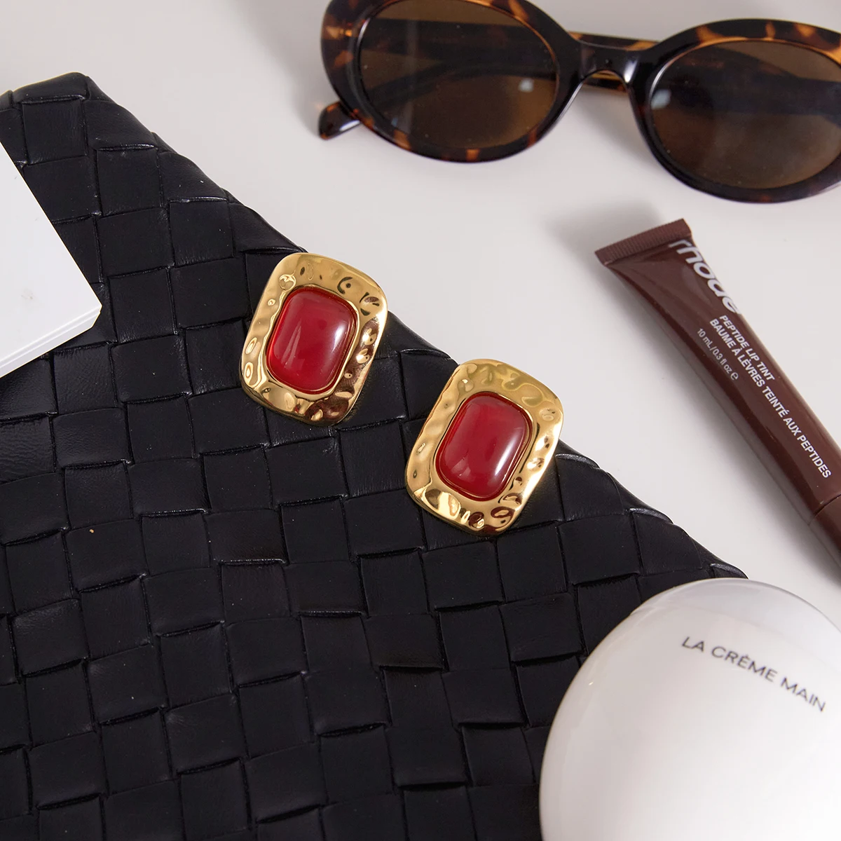 Vintage Stainless Steel Square Earrings with Red Cabochon 6 Vintage Stainless Steel Square Earrings with Red Cabochon - Image 6