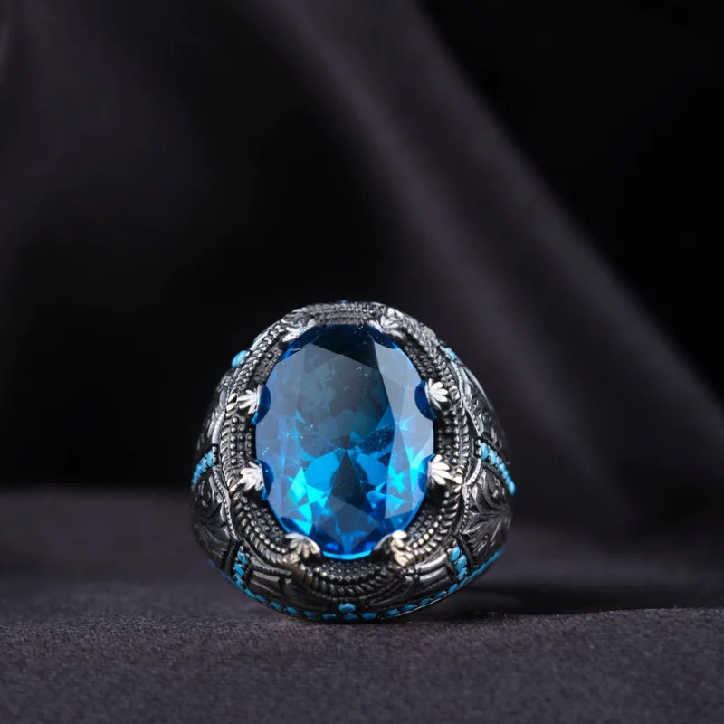 Vintage Men's Ring with Blue Zircon and Beaded Edges 3 Vintage Men's Ring with Blue Zircon and Beaded Edges - Image 3