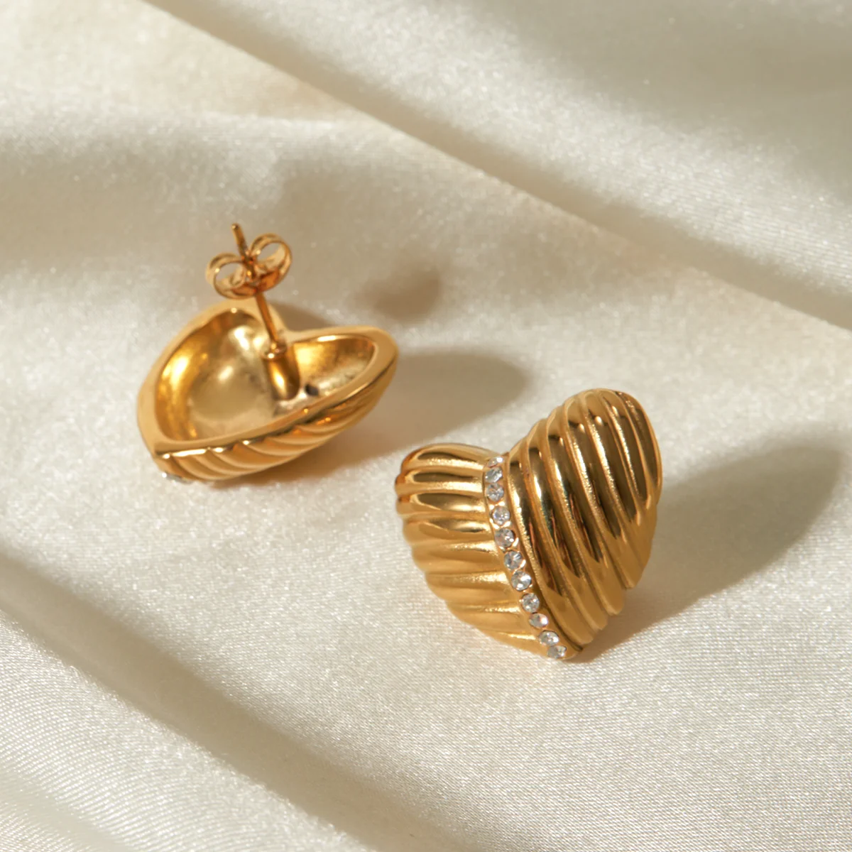 Gold Ribbed Heart Earrings for Women 5 Gold Ribbed Heart Earrings for Women - Image 5
